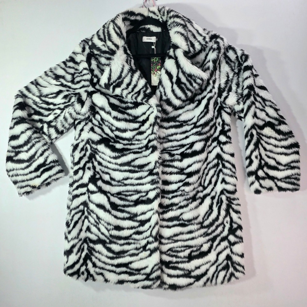 NEW Zebra Print Faux Fur Coat Womens XL Black White Animal Print Coat Jacket